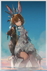 1girl amiya_(arknights) amiya_(medic)_(arknights) animal_ears arknights artist_name ascot black_jacket blue_eyes brown_hair dress frilled_ascot frills highres hood hood_down hooded_jacket jacket jewelry long_hair multiple_rings open_clothes open_jacket openvl pantyhose partially_submerged rabbit_ears rabbit_girl ring sitting solo white_dress