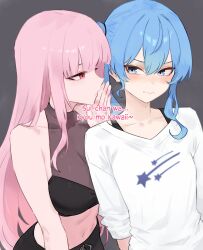 2girls absurdres alternate_costume black_shirt blue_eyes blue_hair blue_ribbon bluefield blunt_bangs blush breasts cleavage closed_mouth commentary cropped_shirt double-parted_bangs hair_between_eyes hair_ribbon halter_shirt halterneck hand_up highres hololive hololive_english hoshimachi_suisei large_breasts long_hair looking_at_another medium_hair midriff mori_calliope multiple_girls navel pink_eyes pink_hair print_shirt ribbon romaji_text shirt side_ponytail sidelocks simple_background sleeveless sleeveless_shirt star_(symbol) star_in_eye straight_hair symbol_in_eye three-quarter_sleeves translated v-neck virtual_youtuber whispering white_shirt
