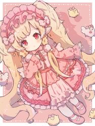 Rule 34 | 1girl, animal ears, baby animal, bird, blonde hair, border, bow, braid, braided bangs, chick, chicken, dress, earrings, frilled dress, frilled headwear, frills, full body, granblue fantasy, highres, jewelry, kokemoco, long hair, looking at viewer, mahira (granblue fantasy), pink background, pink bow, pink dress, red eyes, standing, twintails, very long hair, white border