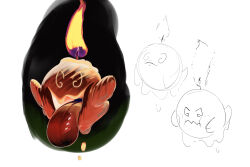Rule 34 | @ @, arms up, boo (mario), candle, dated commentary, fire, flying, ghost, glowing, glowing eyes, highres, looking up, mario (series), melting, nintendo, no humans, open mouth, original, simple background, sketch, tongue, tongue out, white background, winpuss