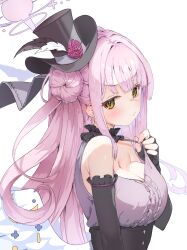 1girl alternate_costume bare_shoulders black_gloves black_hat blue_archive blush breasts center_frills cleavage closed_mouth commentary elbow_gloves feathered_wings fingerless_gloves flower frills from_side gloves hair_bun halo hat hat_flower highres hoshi_umi large_breasts long_hair looking_at_viewer low_wings mika_(blue_archive) mini_hat mini_top_hat pink_flower pink_hair pink_halo pink_rose pulling_own_clothes revision rose simple_background single_hair_bun single_side_bun sleeveless solo top_hat upper_body white_background white_wings wing_ornament wings yellow_eyes