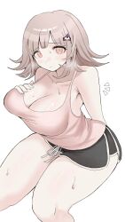 Rule 34 | 1girl, bare shoulders, black shorts, blush, breasts, brown hair, cleavage, danganronpa (series), danganronpa 2: goodbye despair, feet out of frame, flipped hair, galaga, highres, ikemen&#039;na ore-shi, large breasts, medium hair, mole, mole on breast, nanami chiaki, pink eyes, pink shirt, shirt, shorts, simple background, solo, sweat, white background
