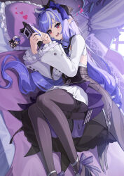 1girl absurdres ahoge belle_(zenless_zone_zero) black_pantyhose black_shoes black_skirt bow cellphone character_charm charm_(object) dress drill_hair dutch_angle frilled_pillow frilled_sleeves frills hair_bow heart high_heels highres holding holding_phone indoors long_hair long_sleeves lying mole mole_under_eye multicolored_hair on_bed on_side open_mouth pantyhose phone pillow pointy_ears purple_hair red_eyes rx-c shoes showgirl_skirt skirt smartphone solo streaked_hair two-tone_hair vivian_(zenless_zone_zero) white_dress white_hair wise_(zenless_zone_zero) zenless_zone_zero