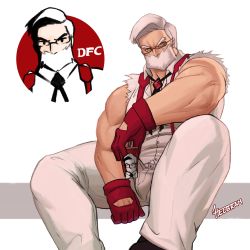 1boy absurdres bara bare_arms bare_shoulders beard colonel_sanders commentary creatures_(company) drayden_(pokemon) english_commentary facial_hair feet_out_of_frame game_freak glasses gloves gym_leader helbai highres kfc logo logo_parody male_focus manly mature_male muscular muscular_male nintendo pants pectorals pokemon pokemon_bw red_gloves shirt short_hair solo thick_thighs thighs torn_clothes torn_shirt white_hair white_shirt