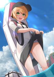 1girl absurdres baseball_cap black_headwear black_shirt blonde_hair blue_sky blush blush_stickers breasts fate/grand_order fate_(series) gareth_(fate) gareth_(swimsuit_saber)_(fate) gareth_(swimsuit_saber)_(first_ascension)_(fate) green_eyes hair_flaps hat highres hood hoodie looking_at_viewer medium_breasts monster ocean open_mouth pyonsan shirt short_hair short_sleeves sky smile solo_focus swimsuit swimsuit_under_clothes thighs two-tone_shirt wading wet white_shirt