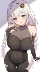 1girl ahoge bare_shoulders blue_eyes blush bodysuit braid breasts hair_ornament highres kizuna_akari large_breasts long_hair looking_at_viewer low_twin_braids shun_(b.c) smile solo tongue tongue_out twin_braids voiceroid white_hair