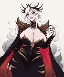 Rule 34 | 1girl, 2024, ahoge, arm at side, arm up, armor, armored bodysuit, black bodysuit, black lips, black nails, bodysuit, breasts, cape, cleavage, commentary, crown, curly hair, earrings, english commentary, evil grin, evil smile, female focus, fingernails, gold trim, grin, head tilt, highres, huge breasts, jewelry, mole, mole on cheek, omiza somi, original, parted bangs, plunging neckline, red eyes, serious, sharp fingernails, shoulder armor, smile, solo, swept bangs, turtleneck, v-shaped eyebrows, very long fingernails, white hair