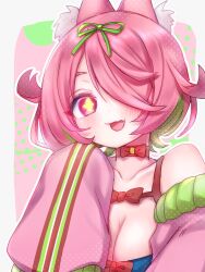 1girl animal_ear_fluff animal_ears azuchi_momo azuchi_momo_(1st_costume) bare_shoulders blush bow bow_choker breasts choker cleavage collarbone colored_inner_hair fang flipped_hair green_hair green_ribbon hair_over_one_eye hair_ribbon hanagasa_arumi hand_up jacket large_breasts long_sleeves looking_at_viewer multicolored_hair nijisanji one_eye_covered open_mouth parted_bangs pink_eyes pink_hair pink_jacket pink_sleeves red_bow red_choker ribbon short_hair skin_fang sleeves_past_fingers sleeves_past_wrists smile solo star-shaped_pupils star_(symbol) symbol-shaped_pupils two-tone_hair upper_body virtual_youtuber yellow_pupils