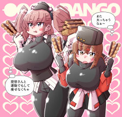 1girl 2girls adapted_costume anchor_hair_ornament atlanta_(kancolle) black_pants black_shirt breasts brown_eyes brown_hair chibi collared_shirt commentary_request dress_shirt earrings full_body fur_hat garrison_cap grey_eyes hair_between_eyes hair_ornament hairclip hat highres jewelry kantai_collection large_breasts long_hair long_sleeves low_twintails multiple_girls open_mouth pants papakha pink_background red_shirt shin_(shin_k009) shirt simple_background solo speech_bubble standing star_(symbol) star_earrings striped_clothes striped_shirt tashkent_(kancolle) thought_bubble tongue tongue_out translation_request twintails twitter_username two_side_up wavy_mouth white_background white_shirt