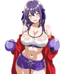 1girl absurdres armpit_crease blush boxing_gloves boxing_shorts breasts cleavage commission covered_erect_nipples crop_top highres jacket kasana large_breasts looking_at_viewer medium_hair open_mouth original pixiv_commission purple_hair purple_ribbon purple_shorts red_jacket ribbon shorts simple_background smile solo sports_bra sweaty_clothes white_background white_sports_bra