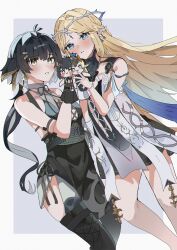 2girls absurdres andreanochandr1 bare_shoulders black_collar black_dress black_hair blonde_hair blue_background blush border breasts cartethyia_(wuthering_waves) collar colored_inner_hair commentary cross-laced_clothes cross-laced_dress crown_of_thorns dress earrings female_rover_(wuthering_waves) grey_border hair_ribbon hand_puppet highres jewelry long_hair looking_at_viewer low_ponytail medium_breasts multicolored_hair multiple_girls necklace parted_bangs parted_lips pointy_ears ponytail puppet ribbon rover_(wuthering_waves) sidelocks sleeveless sleeveless_dress tabard tacet_mark_(wuthering_waves) white_tabard wuthering_waves yellow_eyes yellow_ribbon
