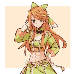 1girl abs alonemistrist black_bow black_bowtie bow bowtie commentary english_commentary etie_(fire_emblem) fire_emblem fire_emblem_engage green_bow green_eyes green_shirt hair_bow hand_on_own_hip long_hair long_sleeves looking_at_viewer midriff nintendo open_mouth orange_hair shirt solo swept_bangs