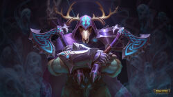 Rule 34 | absurdres, animal skull, antlers, axe, copyright name, deer skull, dual wielding, ghost, highres, holding, holding axe, horns, logo, looking at viewer, official art, purple hood, skull, smite, ullr (helheim) (smite), ullr (smite), upper body