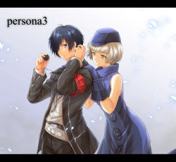 Rule 34 | 1boy, 1girl, armband, bare shoulders, blue eyes, blue hair, digital media player, dress, elizabeth (persona), gekkoukan high school uniform, gloves, hair over one eye, hat, headphones, itouei, jacket, looking at another, persona, persona 3, ribbon, school uniform, shirt, short hair, sleeveless, smile, white hair, yellow eyes, yuuki makoto (persona 3)