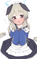 1girl :d animal_ears apron black_skirt blue_archive blue_kimono blush brown_eyes collarbone commentary_request flying_sweatdrops frilled_apron frills grey_hair grey_sandals halo head_tilt highres japanese_clothes kimono long_hair long_sleeves low_twintails maid_headdress nose_blush off_shoulder open_mouth sandals simple_background skirt sleeves_past_fingers sleeves_past_wrists smile solo sweat twintails umika_(blue_archive) white_apron white_background yuune_(ayanepuna) zouri