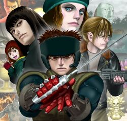 Rule 34 | blonde hair, brown hair, character request, closed mouth, combat knife, gloves, gun, highres, holding, holding gun, holding knife, holding weapon, jacket, jean jacquemonde, knife, long hair, looking at viewer, minagawa ryouji, multiple boys, multiple girls, oboro (spriggan), official art, ominae yuu, open mouth, short hair, smile, somei yoshino (spriggan), spriggan (manga), weapon