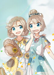 2girls alternate_costume alternate_hairstyle ane_hoshimaru blonde_hair blue_dress blue_eyes blue_sky cloud cloud_print commentary_request dress feet_out_of_frame floral_print hair_bun hat highres janus_(kancolle) jervis_(kancolle) kantai_collection multiple_girls short_hair single_hair_bun sky straw_hat sun_hat sunflower_print unworn_hat unworn_headwear white_dress