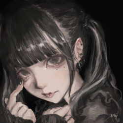 1girl absurdres akanbe arai_bokuseki black_background black_eyes black_hair black_nails black_shirt close-up commentary_request ear_piercing earrings eyelid_pull highres jewelry long_hair long_sleeves looking_at_viewer mole mole_under_eye nail_polish original piercing shirt sidelocks simple_background sleeves_past_wrists solo tongue tongue_out twintails