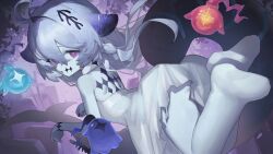 1girl ahoge ass back_tattoo backless_dress backless_outfit barefoot colored_skin commission dress facial_tattoo ghost ghost_girl grey_hair highres long_hair looking_back metatarou original purple_eyes skeb_commission tattoo white_dress white_skin