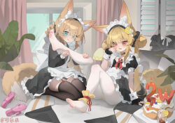 2girls :q absurdres animal_ear_fluff animal_ears ankle_garter apron ascot bell black_dress black_panties black_ribbon black_scrunchie black_thighhighs blonde_hair blue_eyes blush braid braided_hair_rings brown_hair cake closed_mouth collar commentary_request detached_collar double_bun dress feet food food-themed_hair_ornament fox_ears fox_girl fox_tail frilled_apron frills full_body furrowed_brow garter_straps hair_bun hair_ornament hair_ribbon hair_rings hair_scrunchie haniwa_(statue) highres holding_another&#039;s_leg indoors jingle_bell kele_mimi leg_up lemon_hair_ornament long_hair long_sleeves maid maid_headdress multiple_girls neck_bell no_shoes original panties panties_under_pantyhose pantyhose pantyshot paw_print_soles petticoat puffy_long_sleeves puffy_sleeves red_ascot red_eyes ribbon saliva saliva_trail scrunchie sitting soles striped_clothes striped_panties tail thighband_pantyhose thighhighs toes tongue tongue_out twintails two-tone_panties underwear upskirt white_apron white_collar white_panties white_pantyhose white_wrist_cuffs wrist_cuffs yellow_panties yuri