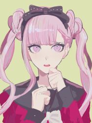1girl black_bow bow bowknot_huhu eyelashes female_focus hands_up highres looking_at_viewer matching_hair/eyes open_mouth pink_eyes pink_hair simple_background solo the_hundred_line_-last_defense_academy- tsukumo_kako twintails upper_body yellow_background