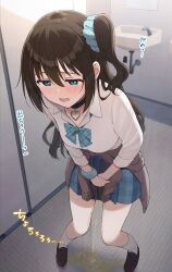 1girl absurdres bathroom black_choker blue_eyes blue_ribbon blue_skirt blush brown_hair brown_shoes choker clothes_around_waist covering_crotch covering_privates embarrassed gyaru hair_ornament hair_scrunchie heart heart_choker highres indoors jacket jacket_around_waist long_hair love_live! love_live!_nijigasaki_high_school_idol_club neck_ribbon official_alternate_costume osaka_shizuku pee peeing peeing_self puddle ribbon school_uniform scrunchie shirt shoes side_ponytail sink skirt socks solo tata_(tataice) translation_request wet wet_clothes white_shirt white_socks