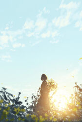1girl absurdres arms_at_sides blue_sky bush cloud dress facing_away falling_leaves from_behind highres huashijw leaf lens_flare long_dress morning original outdoors plant scenery short_hair signature silhouette sky solo sun sunrise wide_shot