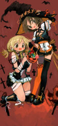 2girls :d asymmetrical_legwear bag bandages black_choker black_dress black_footwear black_hat black_thighhighs blonde_hair blood bloody_bandages blush boots bow bow_legwear brown_eyes brown_hair candy choker commentary covered_navel cross dress dress_bow earrings food footwear_bow frilled_dress frills hair_ornament hairclip halloween halloween_costume hand_on_headwear hand_on_own_hat hat hidamari_sketch high_heels highres holding holding_bag jack-o&#039;-lantern jewelry kotatsu_(pchu) long_hair low_twintails mismatched_legwear mismatched_thighhighs miyako_(hidamari_sketch) multicolored_hat multiple_girls nail_polish open_mouth orange_bow orange_dress orange_hat orange_thighhighs red_background red_bow red_nails shoes short_hair short_twintails sidelocks skull skull_earrings smile sweets thighhighs twintails white_dress witch_hat x x_hair_ornament yuno_(hidamari_sketch)
