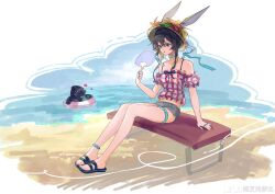 1girl 1other absurdres animal_ears arknights bare_legs black_hair black_jacket blue_eyes brown_hat doctor_(arknights) flower grey_shorts hair_between_eyes hand_fan hat hat_flower highres holding holding_fan hood hood_up jacket jewelry long_hair multiple_rings off-shoulder_shirt off_shoulder on_bench pink_flower pink_shirt rabbit_ears rabbit_girl ring sandals shirt short_shorts shorts sidelocks sitting striped_clothes striped_shirt sunglasses thigh_strap toes vertical-striped_clothes vertical-striped_shirt yezhi_dun_luobei