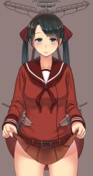 Rule 34 | 10s, 1girl, black hair, blue eyes, blush, clothes lift, female focus, hair ribbon, highres, hokamichi, kantai collection, long hair, looking at viewer, mikuma (kancolle), ribbon, sailor collar, school uniform, skirt, skirt lift, smile, solo, taji (crowview), twintails