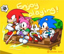 Rule 34 | :d, :o, amy rose, angry, classic amy rose, classic knuckles, classic sonic, classic tails, controller, couch, fangs, game controller, gloves, hairband, iosuke sato, knuckles the echidna, open mouth, playing games, sega, shirt, shoes, sitting, skirt, smile, sonic (series), sonic superstars, sonic the hedgehog, sonic the hedgehog (classic), tails (sonic)
