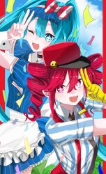 apron black_choker black_necktie blue_dress blue_hair blue_hat blue_sky bow choker cloud collared_dress collared_shirt confetti dress drill_hair gloves hair_between_eyes hand_up hat hat_bow hatsune_miku highres kasane_teto kepi long_hair looking_at_viewer mesmerizer_(vocaloid) military_hat necktie noo2g one_eye_closed pants pinstripe_dress pinstripe_hat pinstripe_pattern red_bow red_hair red_hat red_pants sailor_collar shirt short_sleeves sky smiley_hat_ornament star-shaped_pupils star_(symbol) striped_clothes striped_shirt suspenders symbol-shaped_pupils twin_drills twintails two-tone_bow upper_body utau visor_cap vocaloid waist_apron white_apron white_bow white_sailor_collar yellow_gloves