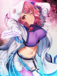 1girl absurdres alternate_costume asymmetrical_legwear blue_ribbon breasts commission crop_top highres hood hooded_jacket hoodie jacket midriff mitama_mudimudi orange_eyes pantyhose pink_hair pink_pantyhose purple_vest ribbon saigyouji_yuyuko saigyouji_yuyuko_(cyber_ghost) short_hair shorts skeb_commission solo touhou touhou_lostword uneven_legwear vest white_hoodie white_jacket white_shorts
