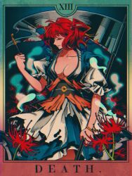 1girl blood bloody_weapon blue_dress breasts cleavage closed_eyes closed_mouth coin commentary death_(tarot) dress flower ghost highres holding holding_scythe mememedama10 obi onozuka_komachi red_flower red_hair sash scythe short_hair smoking_pipe solo spider_lily tarot touhou two_side_up weapon