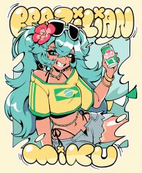 1girl absurdres bead_choker beads belly_chain blue_eyes blue_hair bracelet brazil brazilian_flag brazilian_flag_print brazilian_miku exposed_pocket eyewear_on_head flag_print flower guarana_antarctica hair_flower hair_ornament hatsune_miku highres jewelry messy_hair multiple_bracelets open_fly rectangular_earrings shorts_tan smeoow solo tan tanline tanline_peek twintails vocaloid