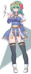 Rule 34 | 1girl, arch bishop (ragnarok online), black thighhighs, blue dress, blue eyes, blush, boots, bow, breasts, commentary request, cross, crossed bangs, dress, full body, gem, gold hairband, green hair, hair bow, hairband, highres, juliet sleeves, long hair, long sleeves, looking at viewer, medium breasts, panties, panty peek, pelvic curtain, pink bow, pointing, pointing at viewer, puffy sleeves, ragnarok iris, ragnarok online, red gemstone, sash, simple background, solo, thighhighs, translation request, two-tone dress, underwear, white background, white boots, white dress, white panties, yellow sash