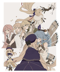 4girls absurdres ahoge artoria_caster_(fate) artoria_caster_(first_ascension)_(fate) artoria_caster_(second_ascension)_(fate) artoria_caster_(third_ascension)_(fate) artoria_pendragon_(fate) blonde_hair blue_cape blue_hat border brown_dress cape chibi chibi_inset cnoc_na_riabh_(fate) commentary cropped_torso dress facing_away fairy_wings fate/grand_order fate_(series) frown gareth_(fate) green_eyes hat highres hope_(fate) long_hair looking_at_viewer looking_up medb_(fate) multiple_girls note_nii open_mouth pink_eyes pink_hair pointy_ears shirt short_hair simple_background smile solo sparkle upper_body white_background white_shirt wings yellow_background