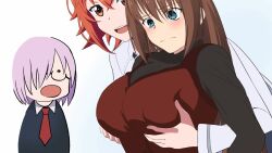 3girls animated aozaki_aoko blue_eyes blush breasts brown_hair brown_sweater dress fate/grand_order fate_(series) fujimaru_ritsuka_(female) getsuyoubi_no_tawawa glasses grabbing_another&#039;s_breast groping highres large_breasts long_hair mahou_tsukai_no_yoru mash_kyrielight multiple_girls nanaya_(ranchenmonhan) open_mouth orange_hair pink_hair red_dress short_hair sweater tagme turtleneck turtleneck_sweater video yuri