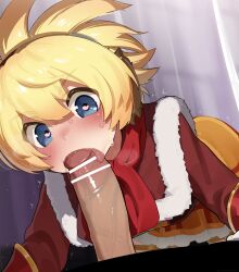 1boy 1girl absurdres bar_censor blonde_hair blue_eyes blush censored fellatio fur-trimmed_jacket fur_trim heart heart-shaped_pupils hetero highres jacket looking_at_viewer megido72 mizumizuni oral penis red_jacket red_scarf scarf shax_(megido72) sweat symbol-shaped_pupils tongue tongue_out