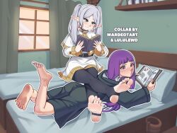 2girls artist_collaboration artist_name ass barefoot bed_sheet black_pantyhose black_robe blunt_bangs blush book boots brown_boots capelet closed_mouth commentary crossed_legs curtains dress earrings elf english_commentary eyelashes feet fern_(sousou_no_frieren) foot_out_of_frame frieren full_body gold_trim green_eyes grey_hair grey_nails holding holding_book hood hood_down indoors jewelry long_hair long_sleeves lululewd lying multiple_girls nail_polish no_shoes on_bed on_stomach paid_reward_available pantyhose parted_bangs pillow pointy_ears purple_eyes purple_hair robe short_eyebrows sitting sitting_on_person smile soles sousou_no_frieren stirrup_legwear thick_eyebrows toeless_legwear toenail_polish toenails toes twintails unworn_boots wardeotart white_capelet white_dress window