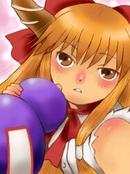 1girl blush bow bowtie brown_eyes brown_horns commentary_request expressionless gourd hair_bow holding horns ibuki_suika long_hair looking_at_viewer onikobe_rin orange_hair parted_lips pink_background red_bow red_bowtie shirt sleeveless sleeveless_shirt solo touhou upper_body white_shirt