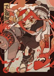 1girl arm_behind_head artist_name bandaged_leg bandages black_jacket blaster_(splatoon) blunt_bangs commentary_request floating_hair full_body green_eyes grin highres holding holding_weapon inkling inkling_(swim_form) inkling_girl inkling_player_character jacket leg_wrap long_hair long_sleeves looking_at_viewer multicolored_eyes nintendo p0m4_p0m4 pointy_ears red_eyes red_hair smile splatoon_(series) sweater tentacle_hair thick_eyebrows turtleneck turtleneck_sweater two-tone_eyes waraji weapon white_sweater