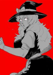 1girl apron bow breasts commentary_request constricted_pupils cookie_(touhou) cowboy_shot greyscale greyscale_with_colored_background hat hat_bow highres kirisame_marisa large_breasts long_hair looking_at_viewer looking_to_the_side monochrome open_mouth puffy_short_sleeves puffy_sleeves red_eyes shirt shitsumin short_sleeves simple_background skirt solo sugar_(cookie) touhou vest waist_apron witch_hat