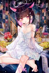 Rule 34 | 1girl, absurdres, aiu ., alternate costume, animal ears, bare shoulders, barefoot, black hair, blue archive, blunt bangs, blunt ends, blush, breasts, cat ears, cat girl, cleavage, colored inner animal ears, colored inner hair, cross, cross earrings, detached sleeves, dress, earrings, extra ears, halo, highres, jewelry, kazusa (blue archive), multicolored hair, open mouth, pink eyes, pink hair, short hair, single earring, solo, two-tone hair, white dress