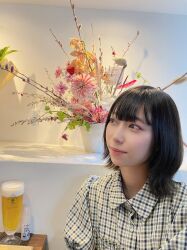 Rule 34 | 1girl, alcohol, beer, black hair, brown eyes, flat chest, flower, indoors, japanese (nationality), kobayashi aika, looking to the side, photo (medium), real life, short hair, sitting, smile, voice actor
