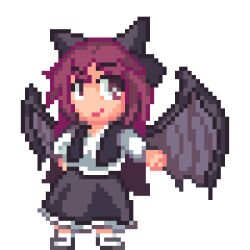 bow demon_wings hair_bow hair_ornament irynefer long_hair long_sleeves lowres pink-haired_makai_resident_(touhou) pink_hair pixel_art purple_hair red_eyes requestor_upload shirt skirt smile solo touhou touhou_(pc-98) touhou_puppet_play vest wings