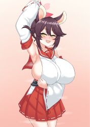 1girl animal_ears armpits blue_archive breasts brown_hair fang hair_bun halo highres huge_breasts kaede_(blue_archive) looking_at_viewer open_mouth oppai_loli puffywaffles raccoon_ears raccoon_girl red_halo red_sailor_collar sailor_collar simple_background single_side_bun skin_fang sweat yellow_eyes