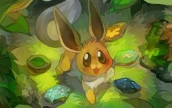 animal_hands blush brown_eyes bush eevee evolution_stone flame_print gen_1_pokemon grass leaf lightning_bolt_print looking_at_viewer neck_ruff nintendo pointy_ears pokemon pokemon_(creature) pokemon_focus smile snowflake_print sony-shock tail