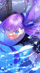1girl armored_boots black_jacket blue_eyes blue_ribbon boots breasts fate/grand_order fate_(series) grin hair_ribbon highres jacket leaning_forward long_hair long_sleeves looking_at_viewer meltryllis_(fate) prosthesis prosthetic_leg purple_hair ribbon sleeves_past_fingers sleeves_past_wrists small_breasts smile solo somemiya_suzume very_long_hair water