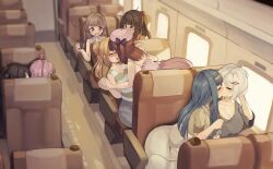 Rule 34 | 6+girls, absurdres, blonde hair, blue hair, blush, breasts, brown hair, brown hairband, camisole, cellphone, cleavage, closed eyes, commentary request, french kiss, glasses, green eyes, grey shirt, grey skirt, hair ornament, hairband, heart, heart hair ornament, highres, holding, holding hands, holding phone, interlocked fingers, kiss, large breasts, long hair, multiple girls, open mouth, original, phone, pink camisole, pink hair, ponytail, purple eyes, red-framed eyewear, saliva, shirt, skirt, smartphone, striped tank top, sweat, tank top, tongue, tongue out, train interior, wanashi tam, white hair, white skirt, yuri